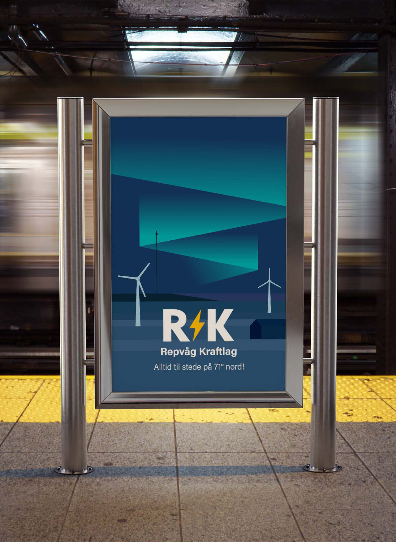 Skilt som viser en plakat med Repvåg Kraftlags nye profil, laget av Designu