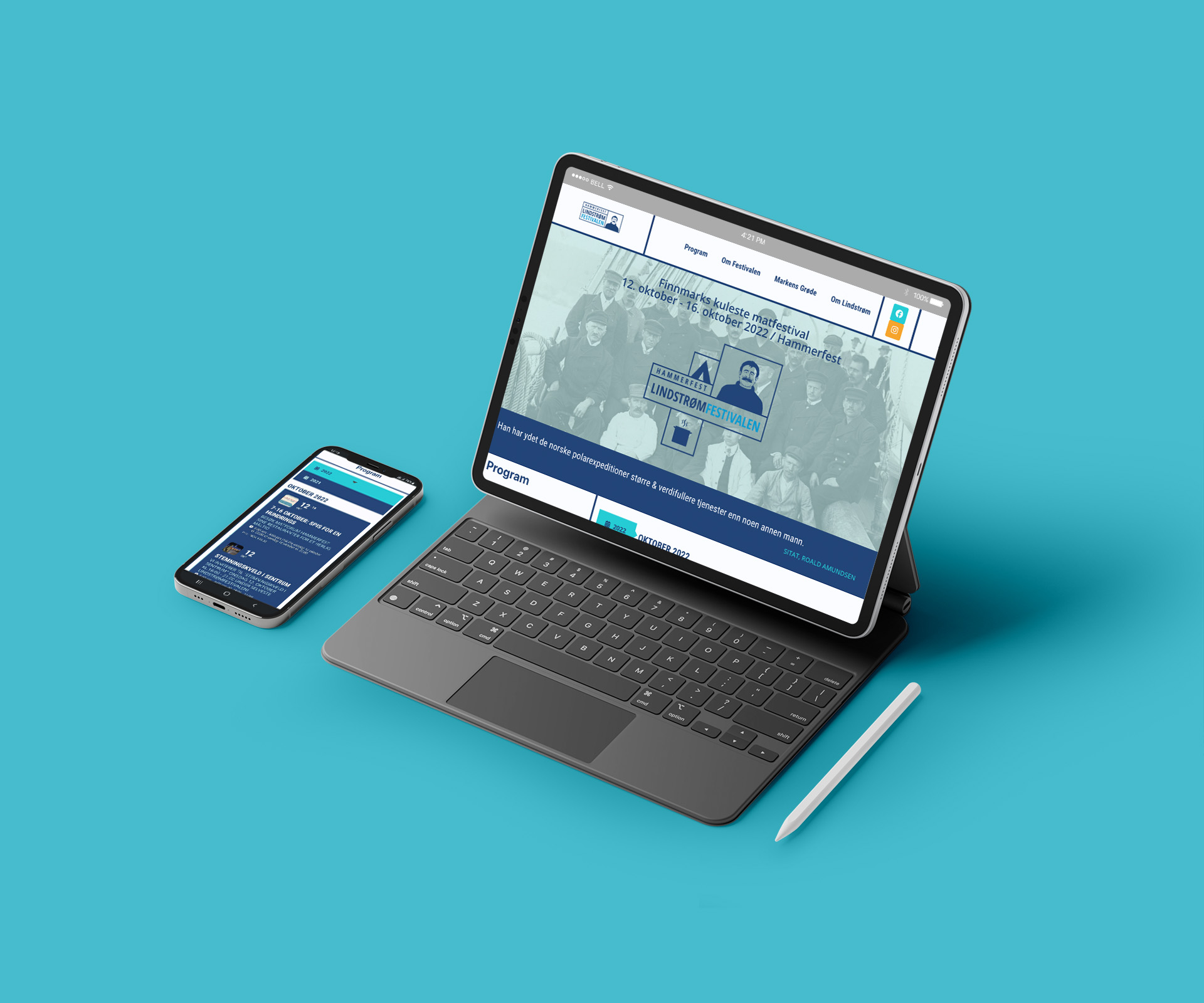 PC og mobil med illustrasjon av lindstrømsfestivalens nettside